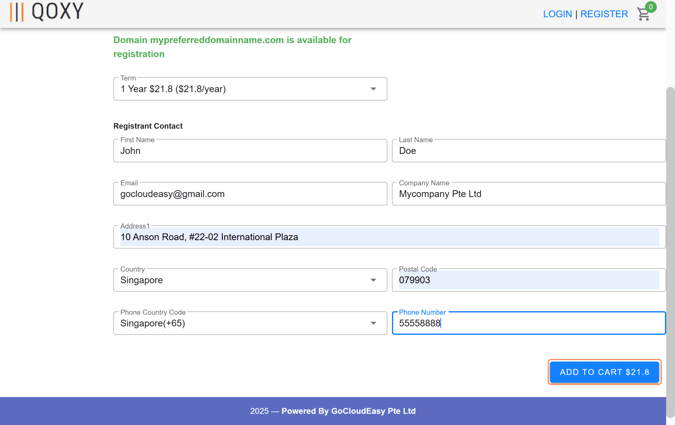 Add domain to cart button